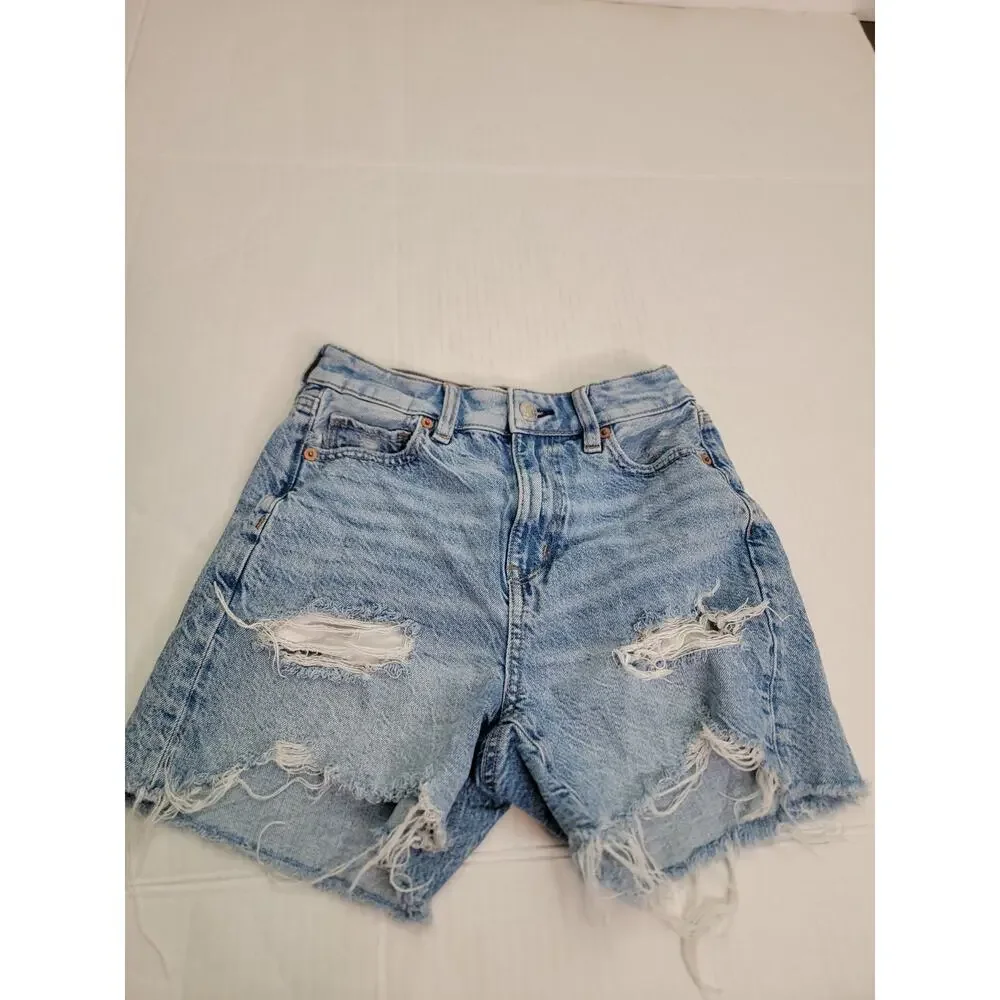 AMERICAN EAGLE Jean Baggy Mom Shorts Sz 000 High Rise Distressed Stretch AEO